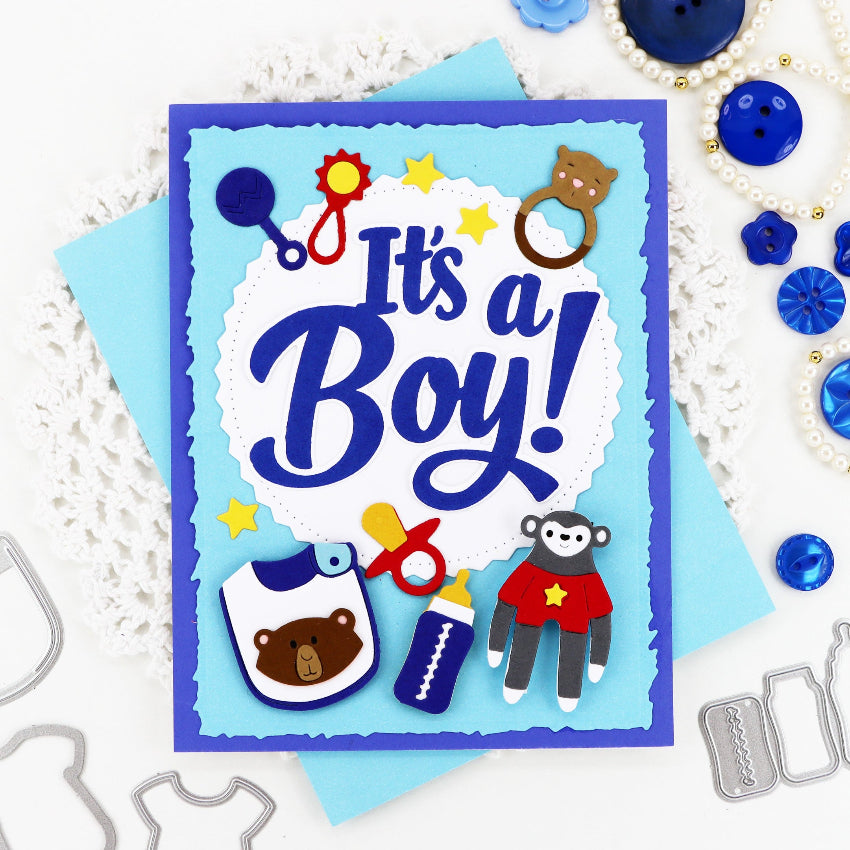 Waffle Flower Postage Collage Baby Icons Dies 422526 it's a boy card