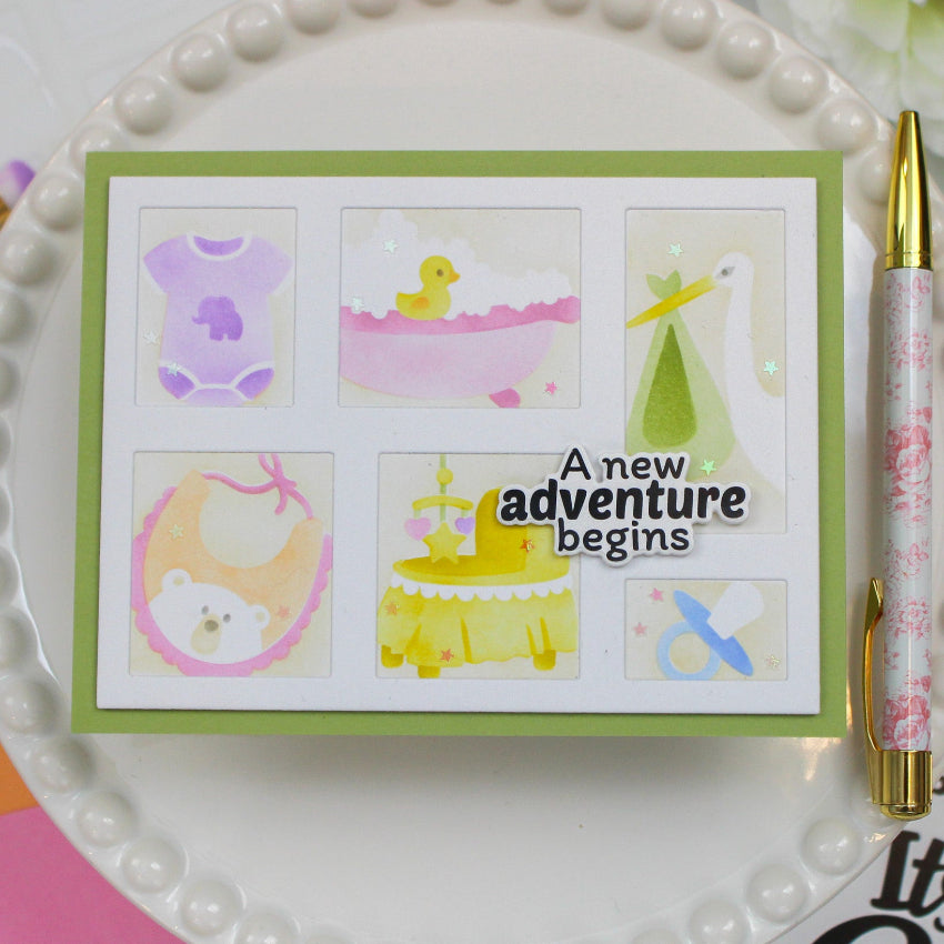 Waffle Flower Postage Collage Baby Stencils 422523 a new adventure begins card