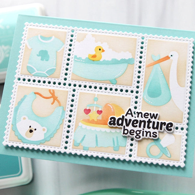 Waffle Flower Postage Collage Baby Stencils 422523 blue onesie baby card cathy zielske | color-code:ALT02