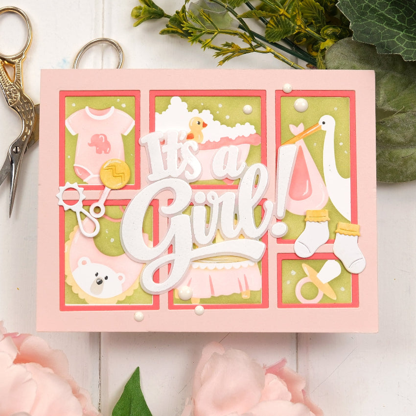 Waffle Flower Postage Collage Baby Stencils 422523 it's a girl card