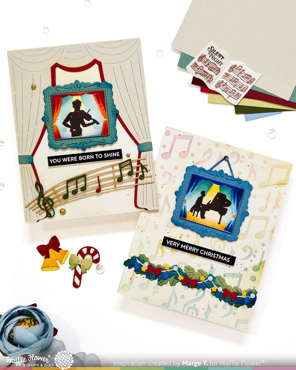 Waffle Flower Postage Collage Ballerina Silhouettes Clear Stamps 422623 man playing violin piano candy canes garland merry christmas card marge y