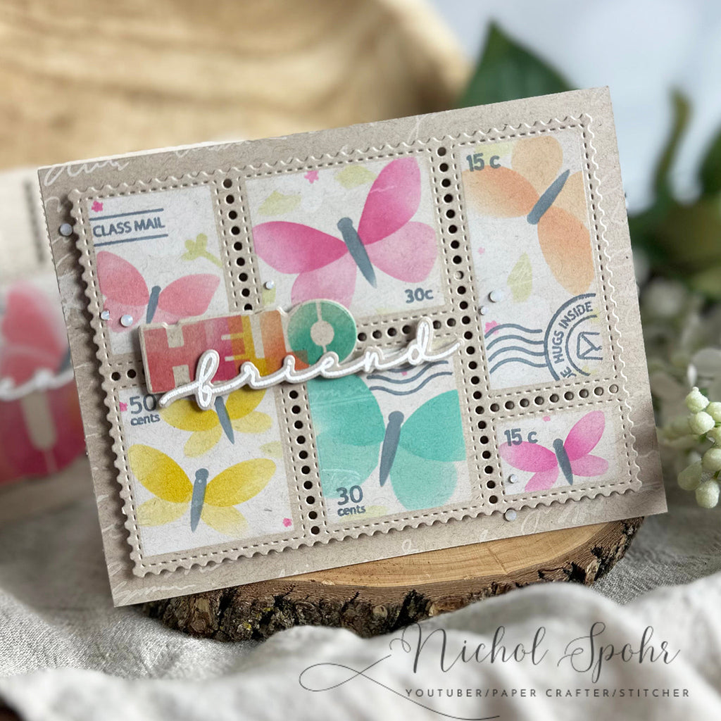 Waffle Flower Postage Collage Butterfly Stencil 421942 hello friend | color-code:ALT02