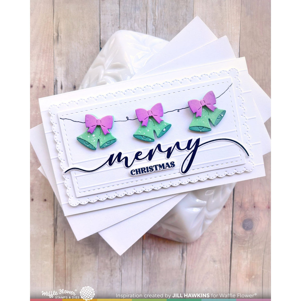 Waffle Flower Postage Collage Christmas Icons Dies 422622 purple bows green bells banner merry christmas card jill hawkins
