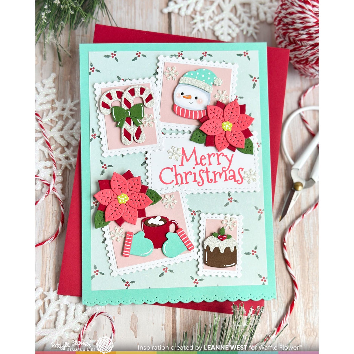 Waffle Flower Postage Collage Christmas Icons Dies 422622 snowman candy canes mittens hot coco merry christmas card leanne west
