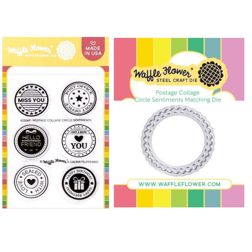 Waffle Flower Postage Collage Circle Sentiments Clear Stamp and Die Set