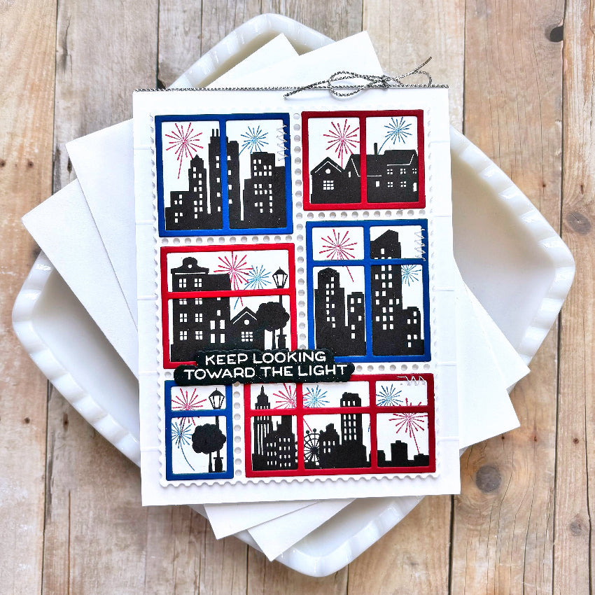 Waffle Flower Postage Collage City Sunset Clear Stamps 422353 red white blue fireworks card