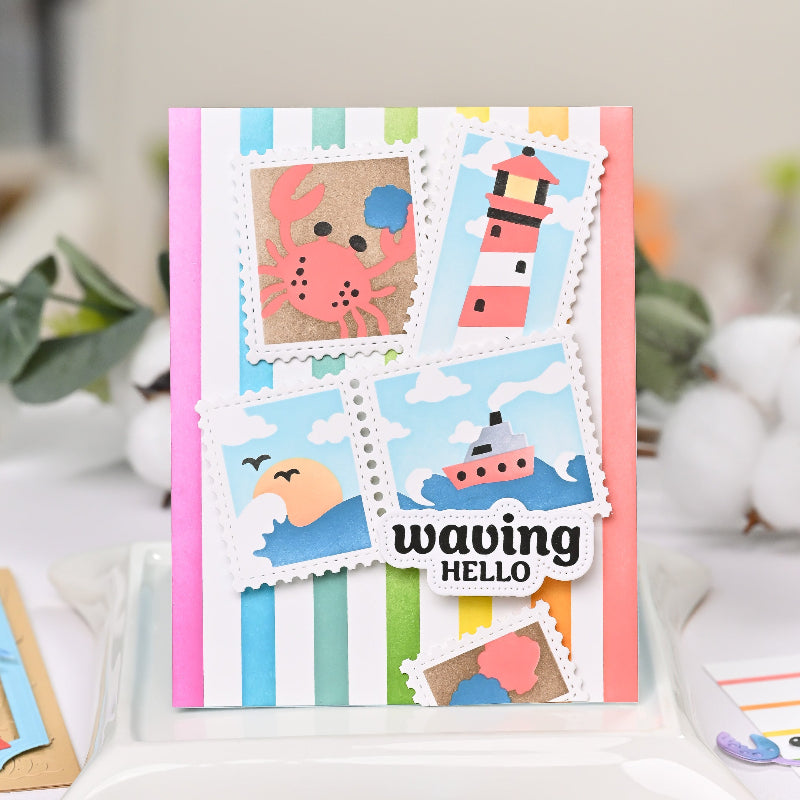 Waffle Flower Postage Collage Coastal Stencils 422071 boat