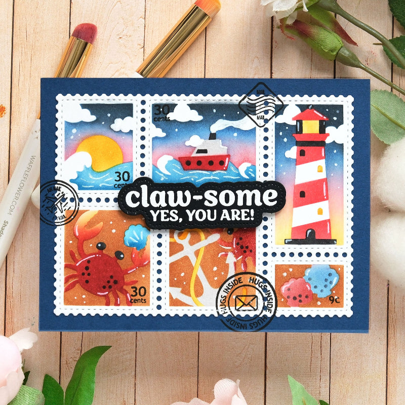 Waffle Flower Postage Collage Coastal Stencils 422071 crab