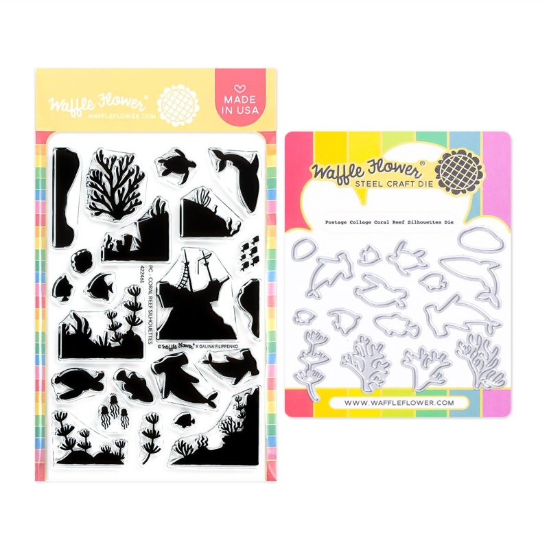 Waffle Flower Postage Collage Coral Reef Silhouettes Clear Stamp and Die Set