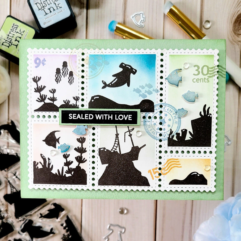 Waffle Flower Postage Collage Coral Reef Silhouettes Clear Stamp and Die Set hammerhead shark