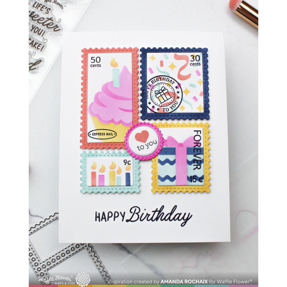 Waffle Flower Postage Collage Cupcake Stencils 421962 happy birthday