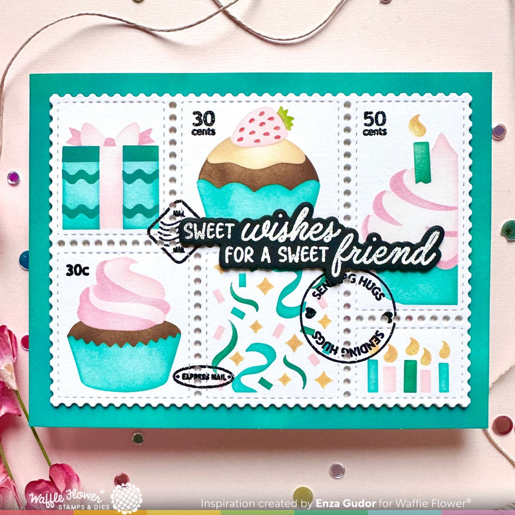Waffle Flower Postage Collage Cupcake Stencils 421962 sweet wishes