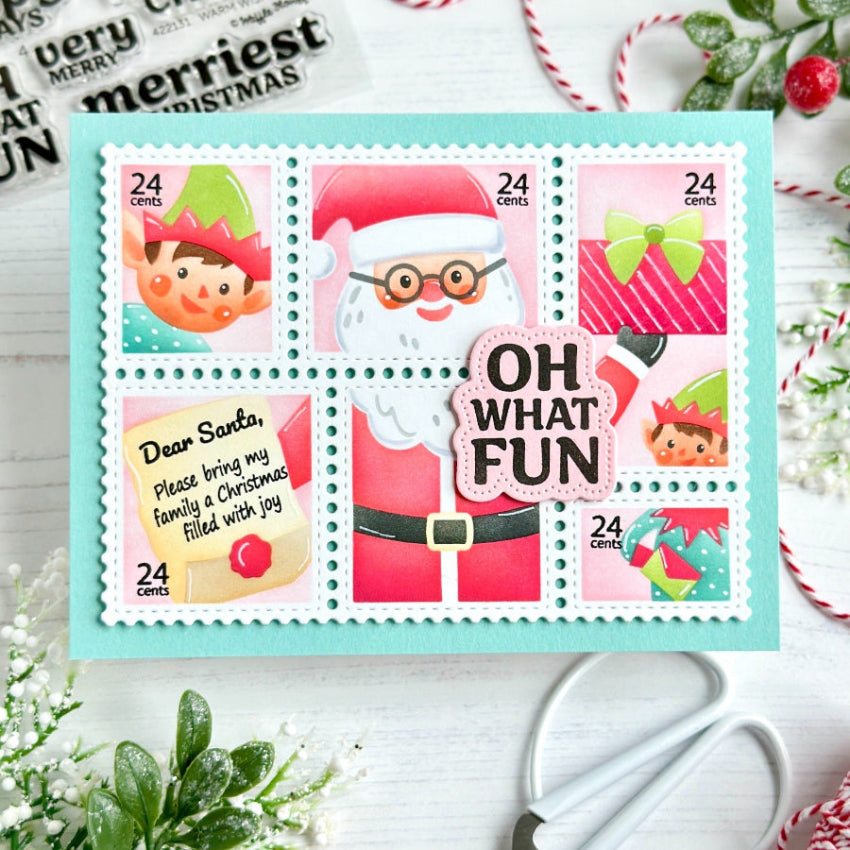 Waffle Flower Postage Collage Dear Santa Clear Stamp and Stencil Set elf