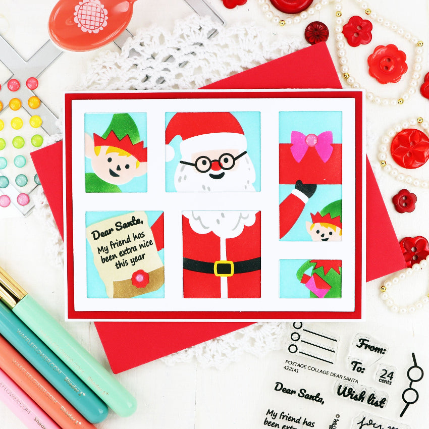 Waffle Flower Postage Collage Dear Santa Clear Stamp and Stencil Set present