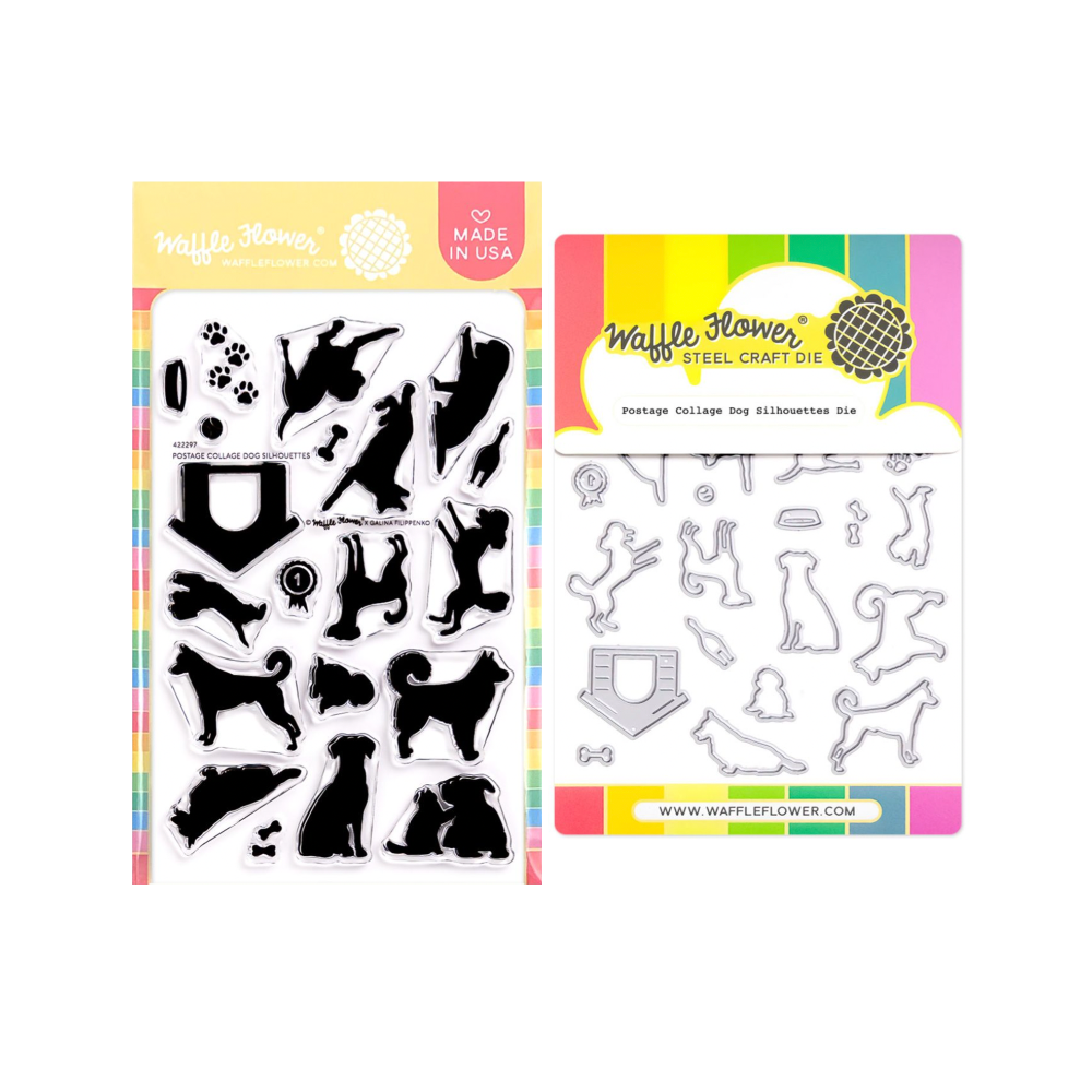 Waffle Flower Postage Collage Dog Silhouettes Clear Stamp and Die Set