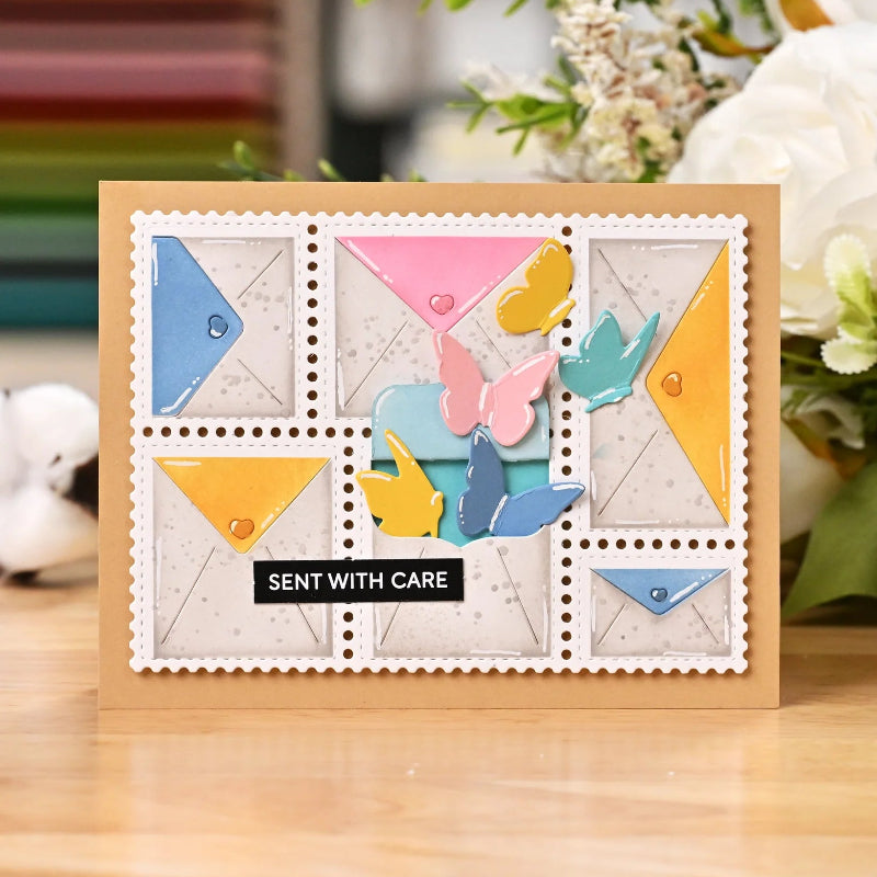 Waffle Flower Postage Collage Envelope Die and Stencil Set butterflies