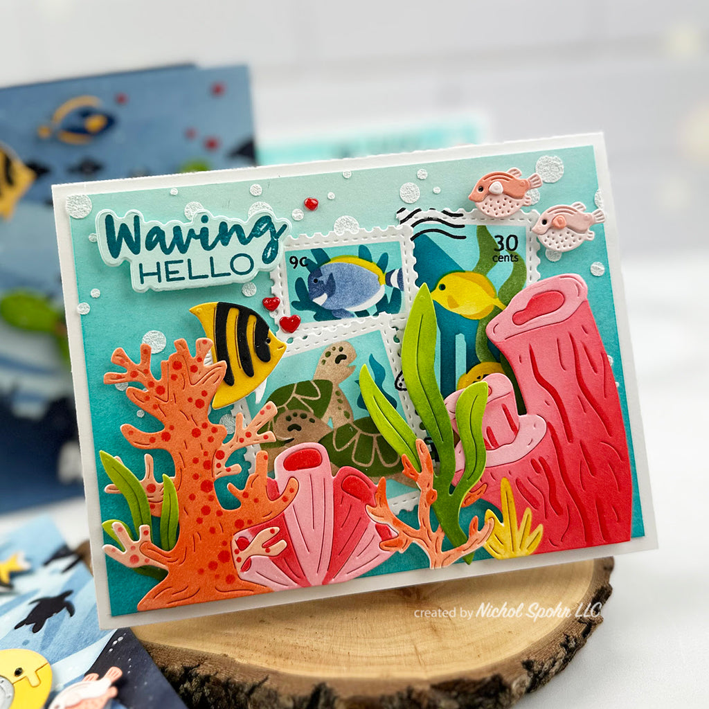 Waffle Flower Postage Collage Fish Dies 422463 waving hello