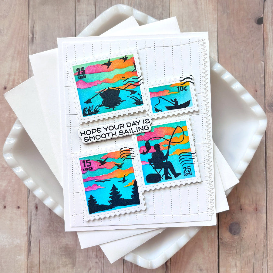 Waffle Flower Postage Collage Fishing Silhouettes Clear Stamps 422555 colorful postage stamps card