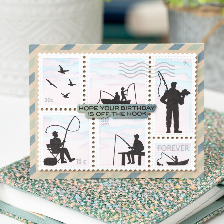 Waffle Flower Postage Collage Fishing Silhouettes Clear Stamps 422555 hope your birthday is off the hook card