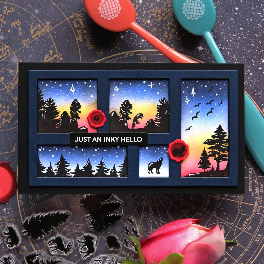 Waffle Flower Postage Collage Forest Sunset Clear Stamps 422012 hello