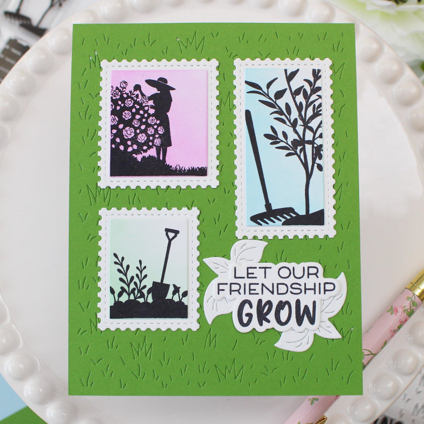 Waffle Flower Postage Collage Garden Silhouettes Clear Stamps 422496 green background
