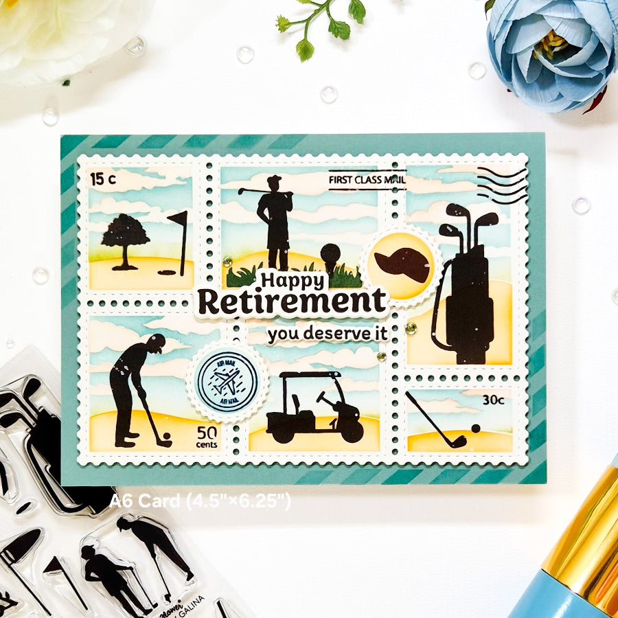Waffle Flower Postage Collage Golf Silhouettes Clear Stamps 422541 happy retirement card