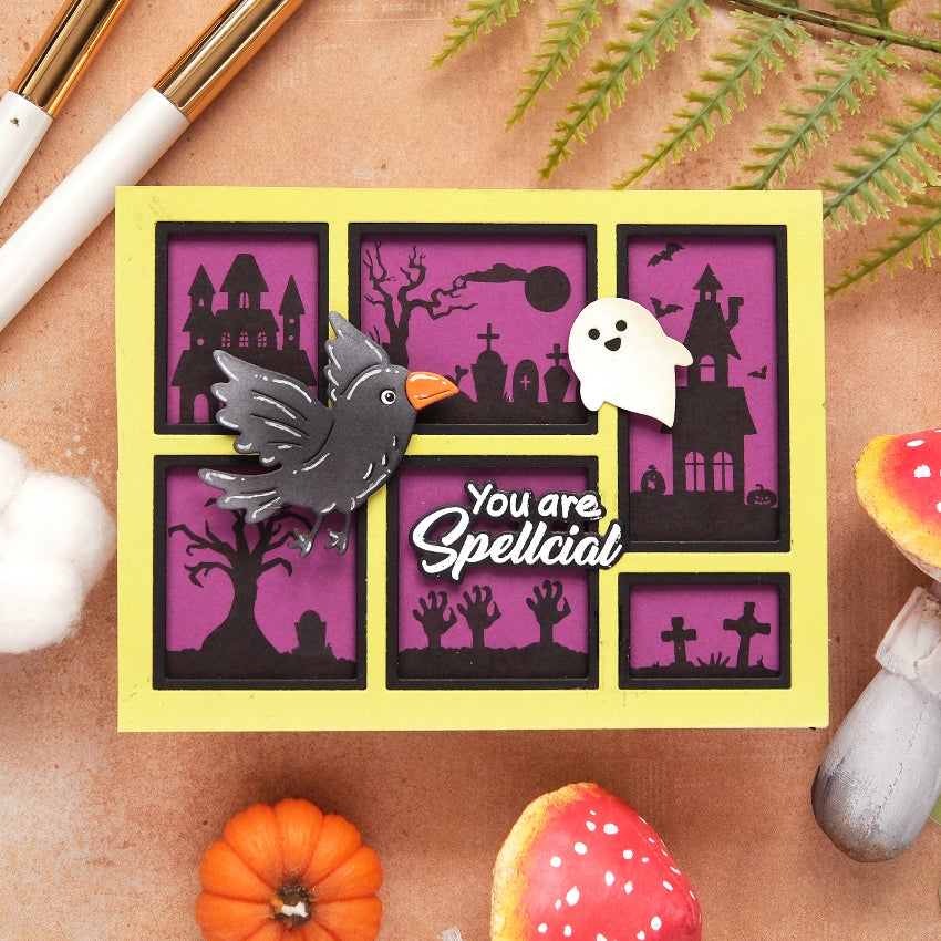 Waffle Flower Postage Collage Haunted House Silhouette Clear Stamps 422605 crow and ghost card