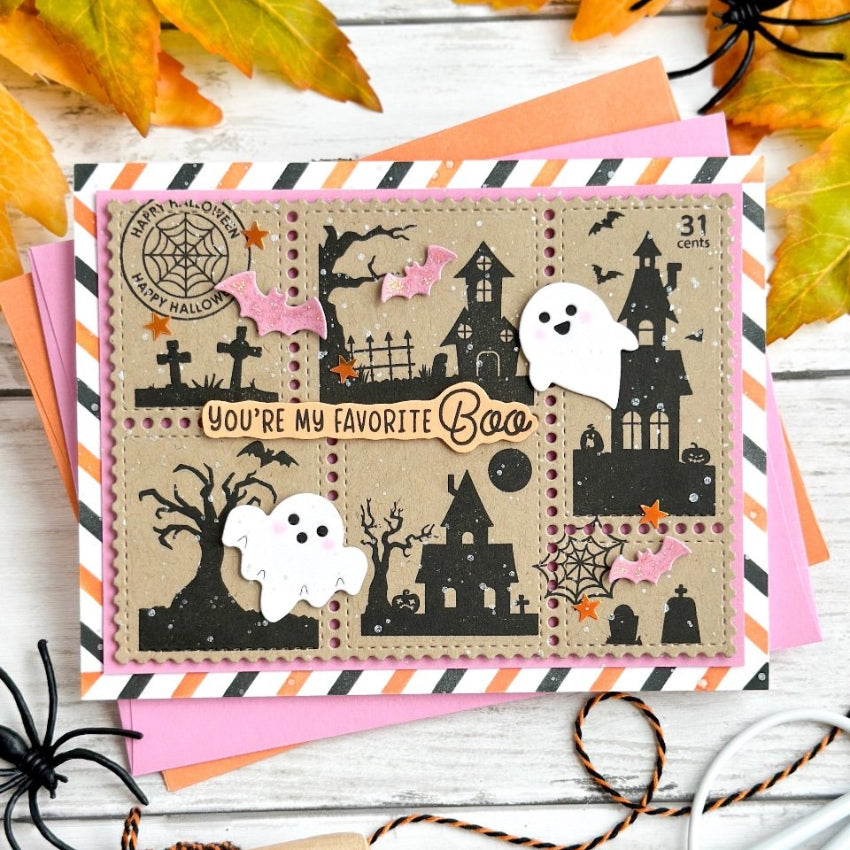 Waffle Flower Postage Collage Haunted House Silhouette Clear Stamps 422605 pink bats card