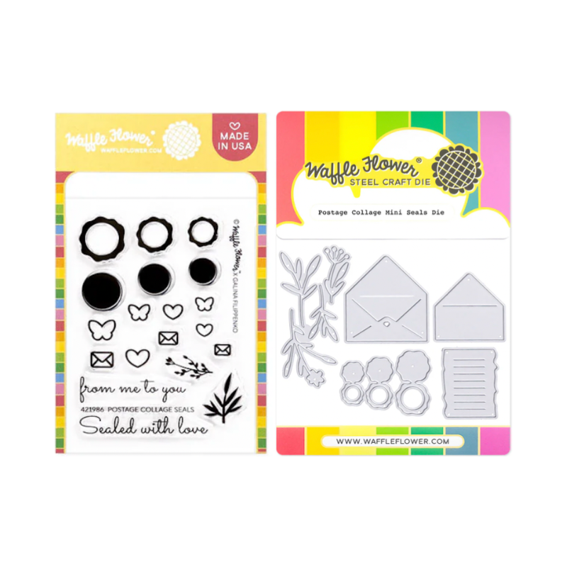 Waffle Flower Postage Collage Mini Seals Clear Stamp and Die Set