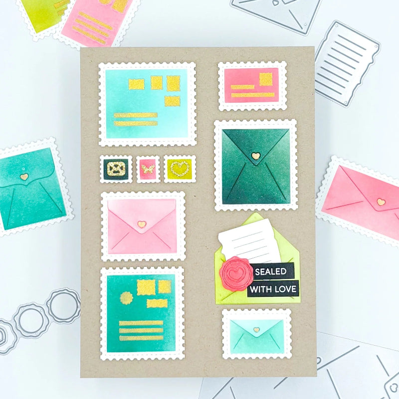 Waffle Flower Postage Collage Mini Seals Clear Stamp and Die Set with love
