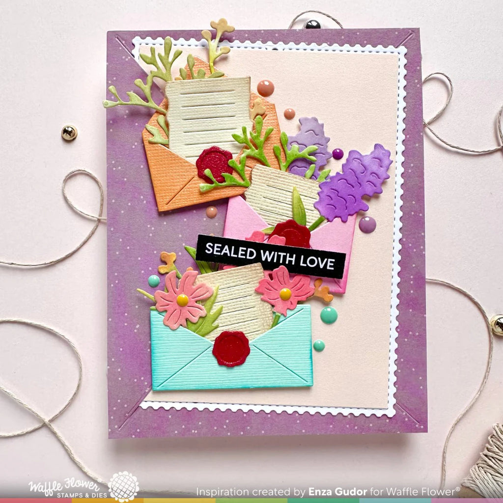 Waffle Flower Postage Collage Mini Seals Dies 422003 with love