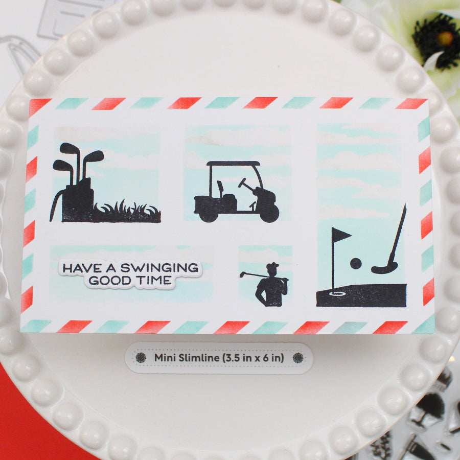 Waffle Flower Postage Collage Mini Slimline Airmail Stencils 422566 have a good time card