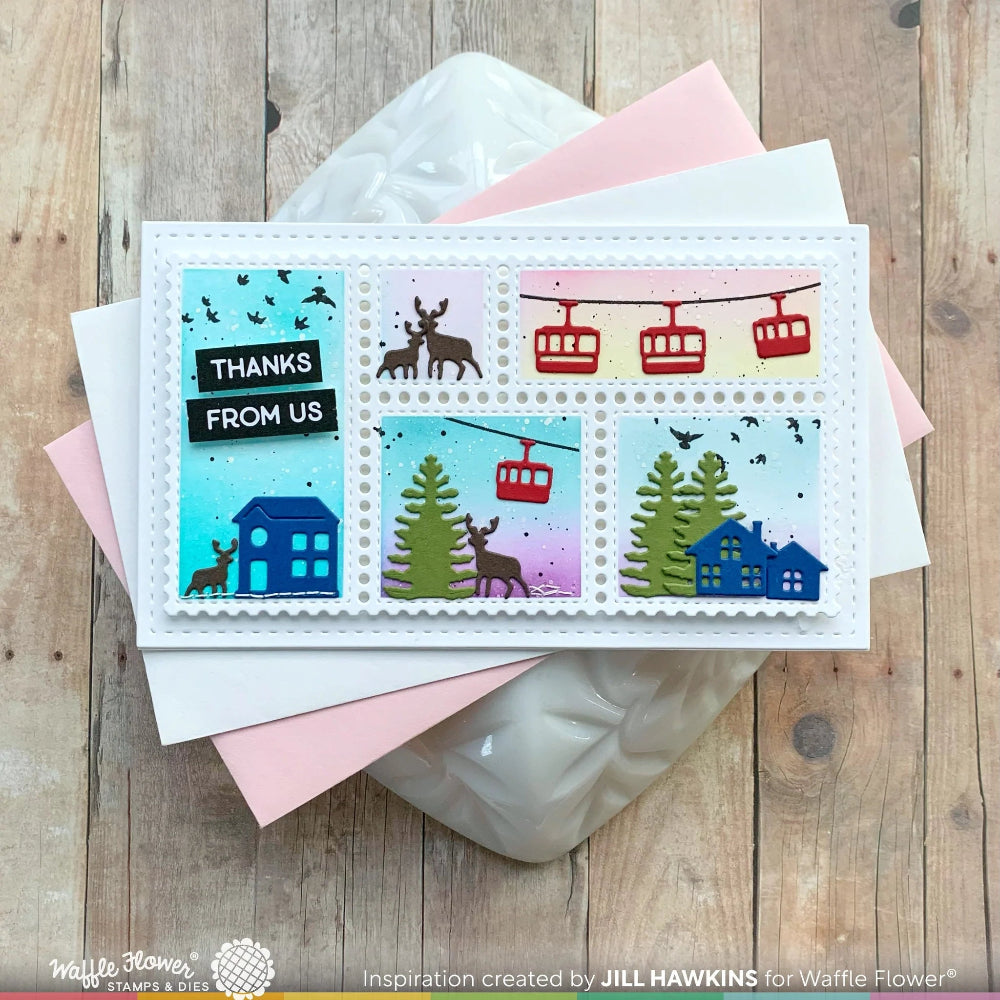 Waffle Flower Postage Collage Mini Slimline Blocks Die and Mini Slimline Die Set thanks