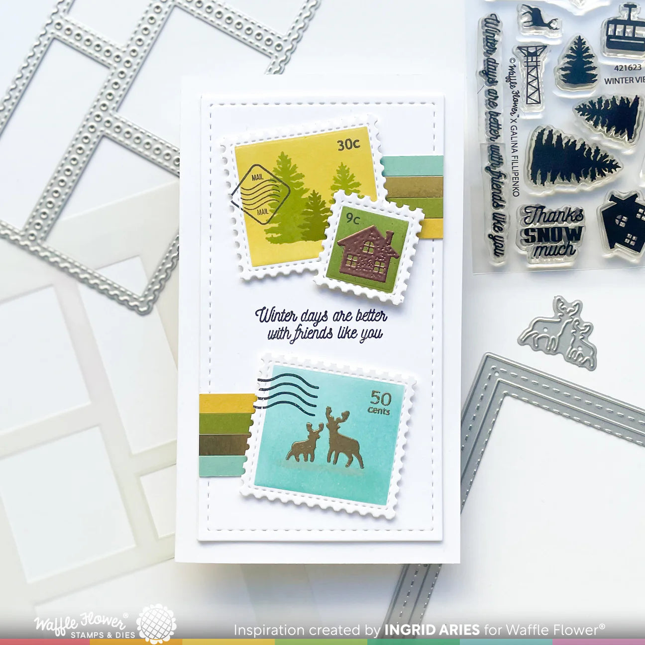 Waffle Flower Postage Collage Mini Slimline Dies 421588  postage stamps