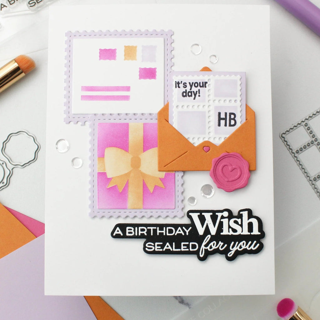 Waffle Flower Postage Collage Miniature Die n stencil 422005 birthday wish