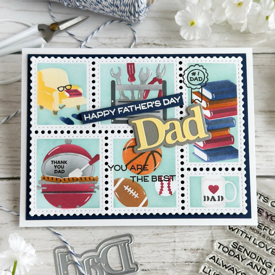 Waffle Flower Postage Collage Mom and Dad Details Clear Stamp and Die Set happy father's day