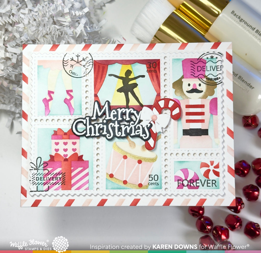 Waffle Flower Postage Collage Nutcracker Stencils 422621 ballerina drums presents peppermints merry christmas card karen downs