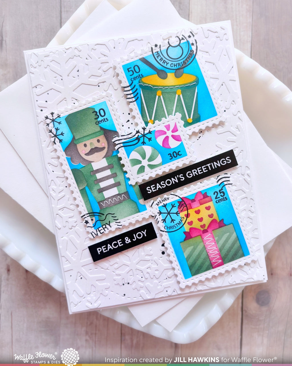 Waffle Flower Postage Collage Nutcracker Stencils 422621 green drums presents snowflake stamp peace and joy card jill hawkins 