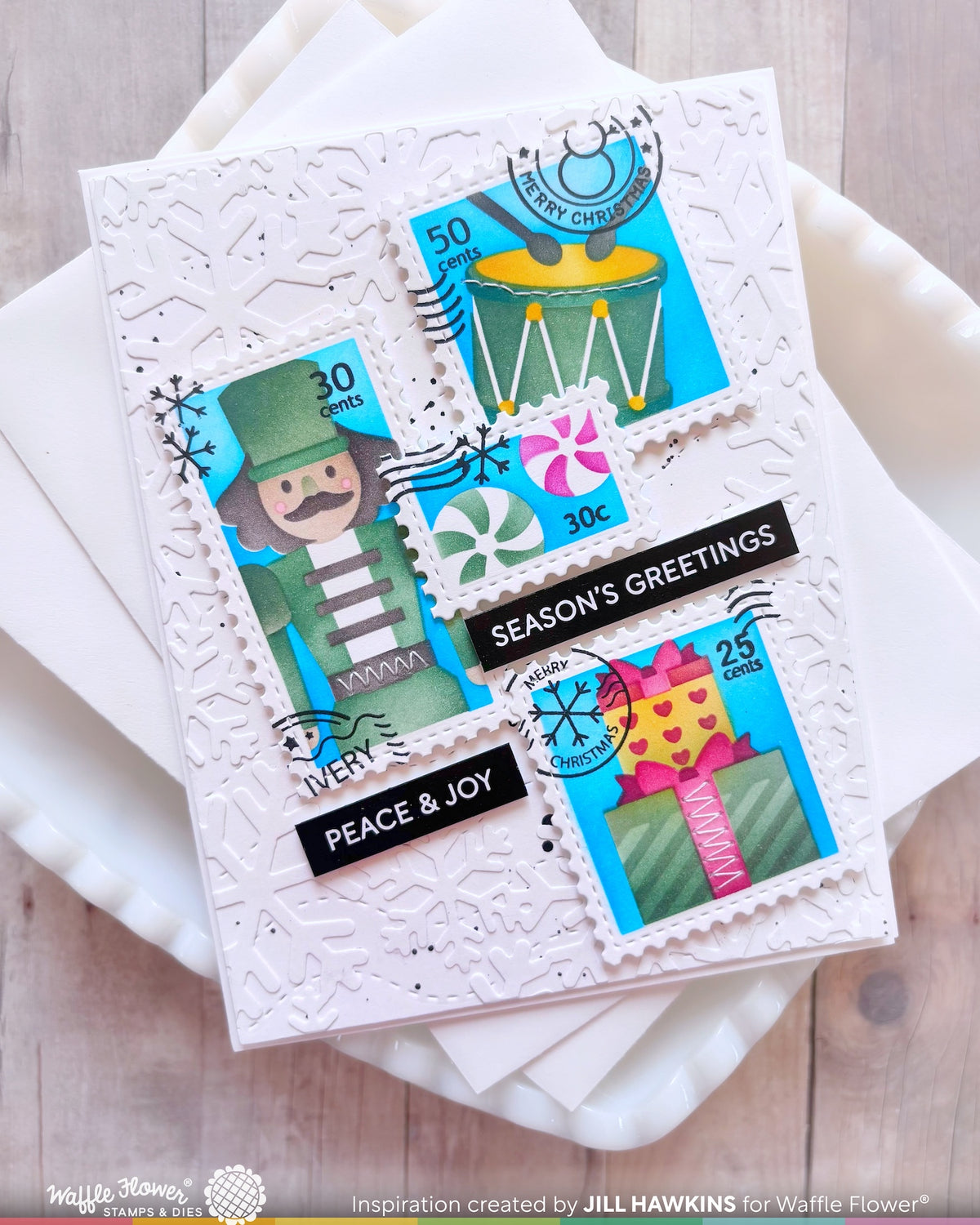 Waffle Flower Postage Collage Nutcracker Stencils 422621 green drums presents snowflake stamp peace and joy card jill hawkins 