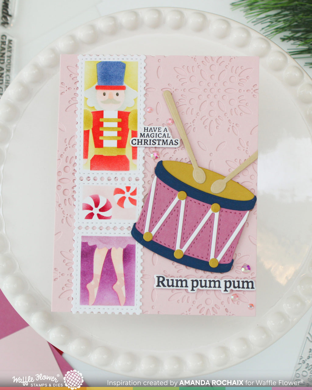 Waffle Flower Postage Collage Nutcracker Stencils 422621 peppermints pink snowflake background drumsticks balleria feet christmas card amanda rochaix