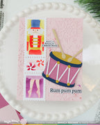 Waffle Flower Postage Collage Nutcracker Stencils 422621 peppermints pink snowflake background drumsticks balleria feet christmas card amanda rochaix