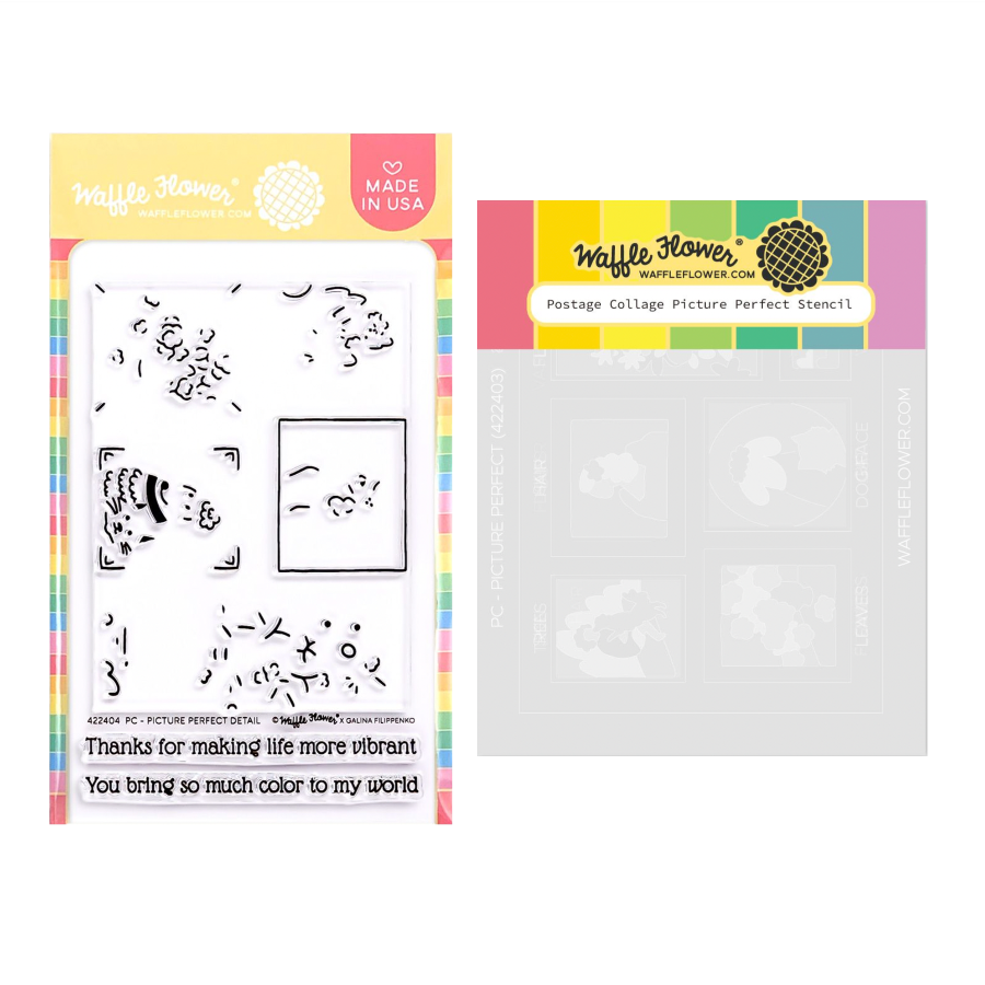 Waffle Flower Postage Collage Picture Perfect Detail Clear Stamp and Stencil Set