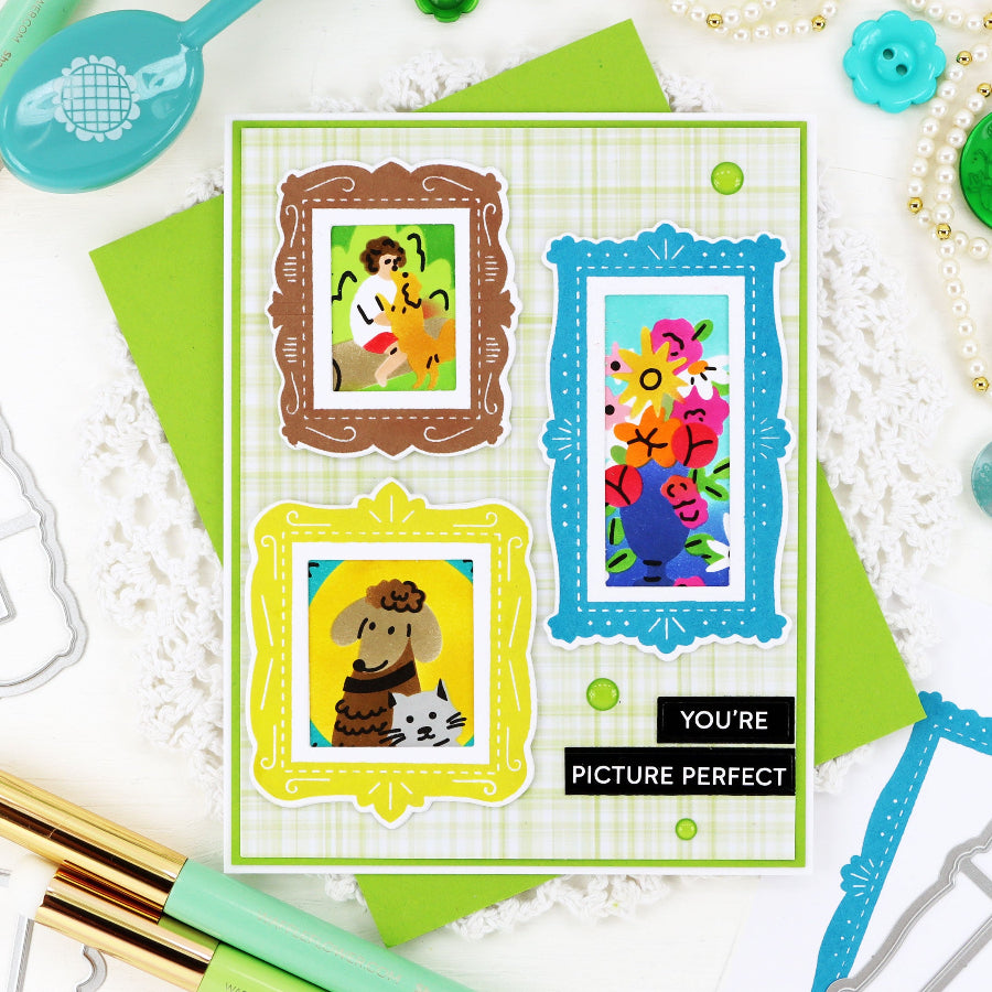 Waffle Flower Postage Collage Picture Perfect Stencils 422403 green plaid