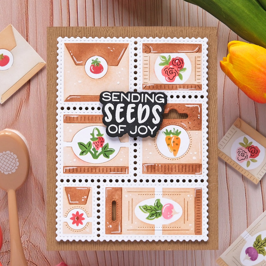 Waffle Flower Postage Collage Seeds Details Die and Stencil Set seed packets
