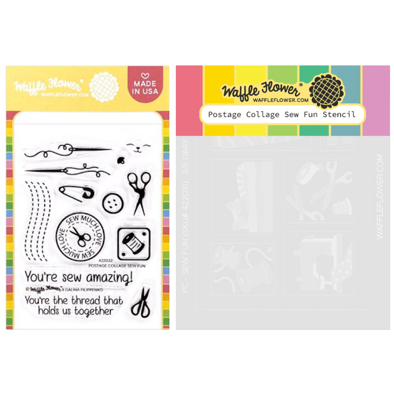 Waffle Flower Postage Collage Sew Fun Clear Stamp and Stencil Set