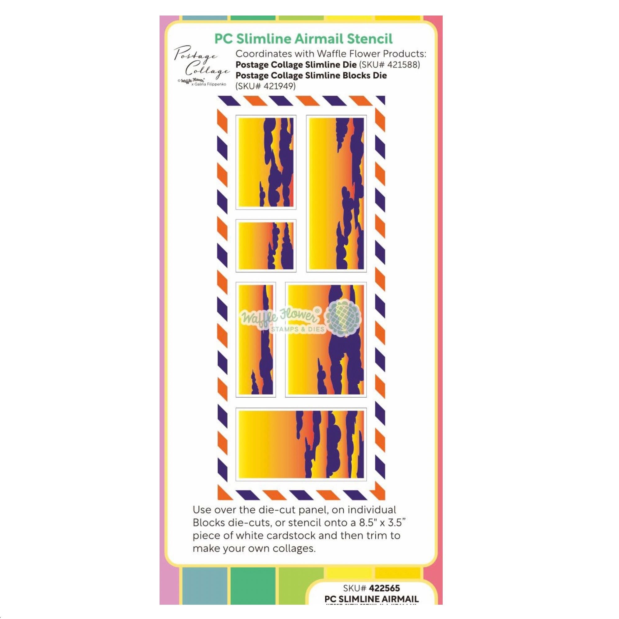 Waffle Flower Postage Collage Slimline Airmail Stencils 422565 layering guide