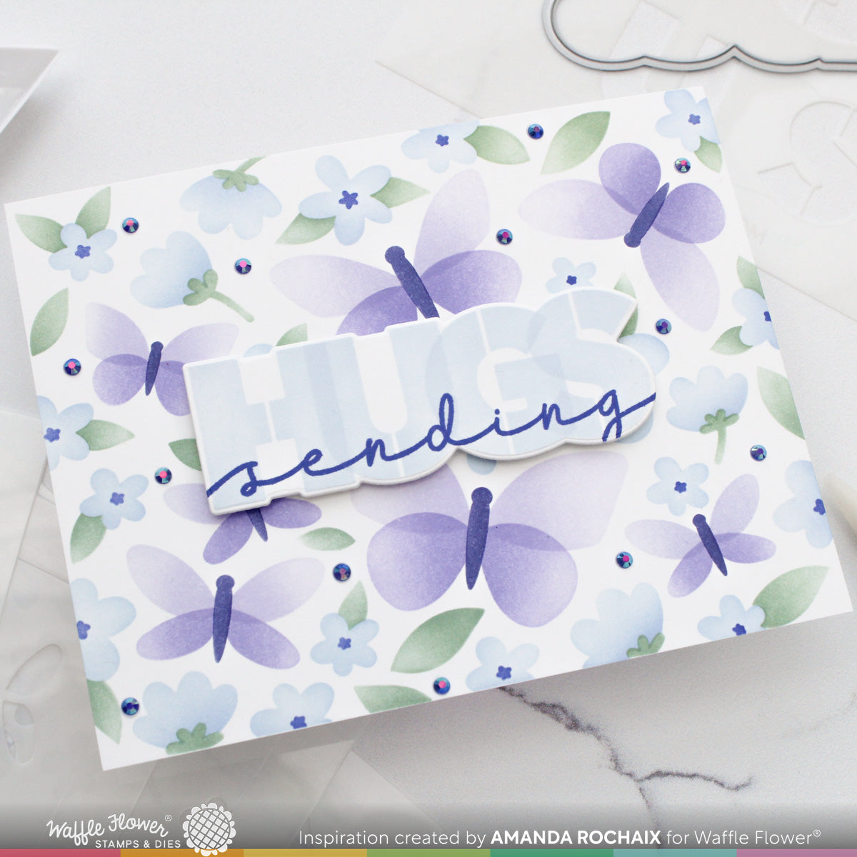Waffle Flower Postage Collage Spring Breeze Stencil 421943 butterflies