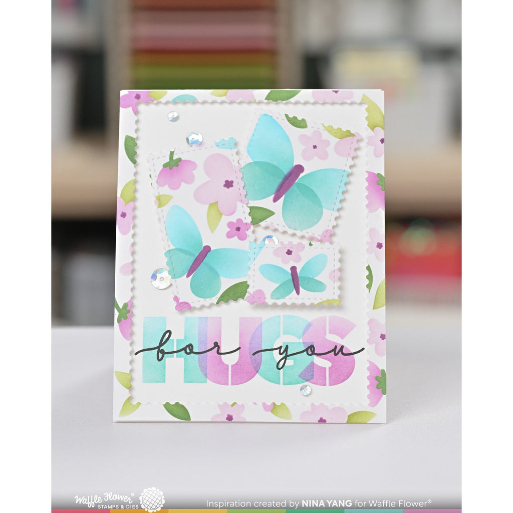 Waffle Flower Postage Collage Spring Breeze Stencil 421943 hugs