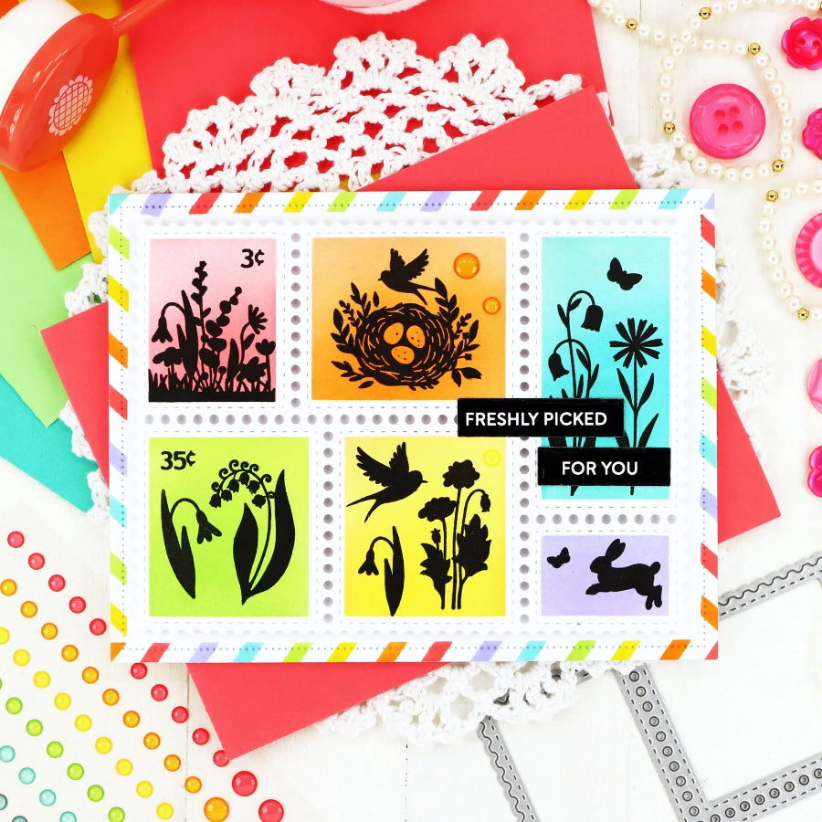 Waffle Flower Postage Collage Spring Silhouettes Clear Stamps 422369 birds nest