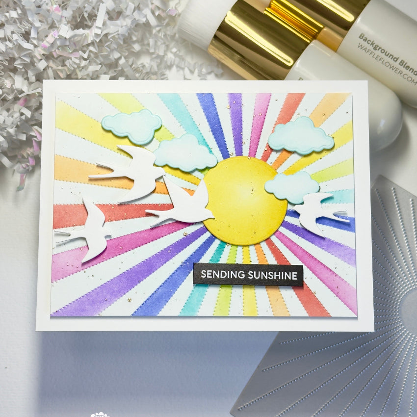 Waffle Flower Postage Collage Swallow Silhouettes Dies 422432 rainbow rays card